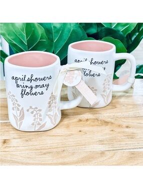 NWT 2 Set Rae Dunn Gorgeous White off Tan April Showers  Bring May Flowers Mugs